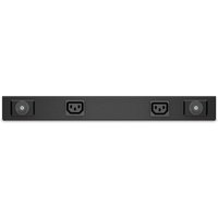 Black APC AP6020A PDU with 13 AC outlets, 0U/1U rack mountable design, sleek rectangular shape.