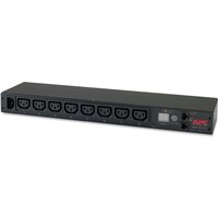 Black APC AP7820B PDU with 8 AC outlets, 0U/1U rack mountable, digital display, and red APC logo on the front panel.
