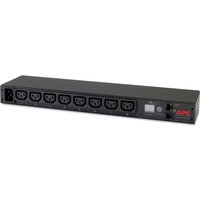 Black APC AP7821B PDU with 8 AC outlets, rectangular design, 0U/1U mounting, digital display on front.
