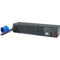 Black APC AP7822B PDU with 16 AC outlets, 2U rack size, blue plug, digital display, and control buttons.