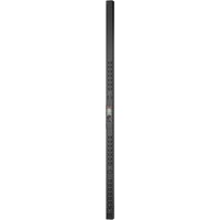 Black APC APDU9959EU3 PDU with 24 AC outlets, vertical 0U design, sleek and elongated for efficient power distribution.