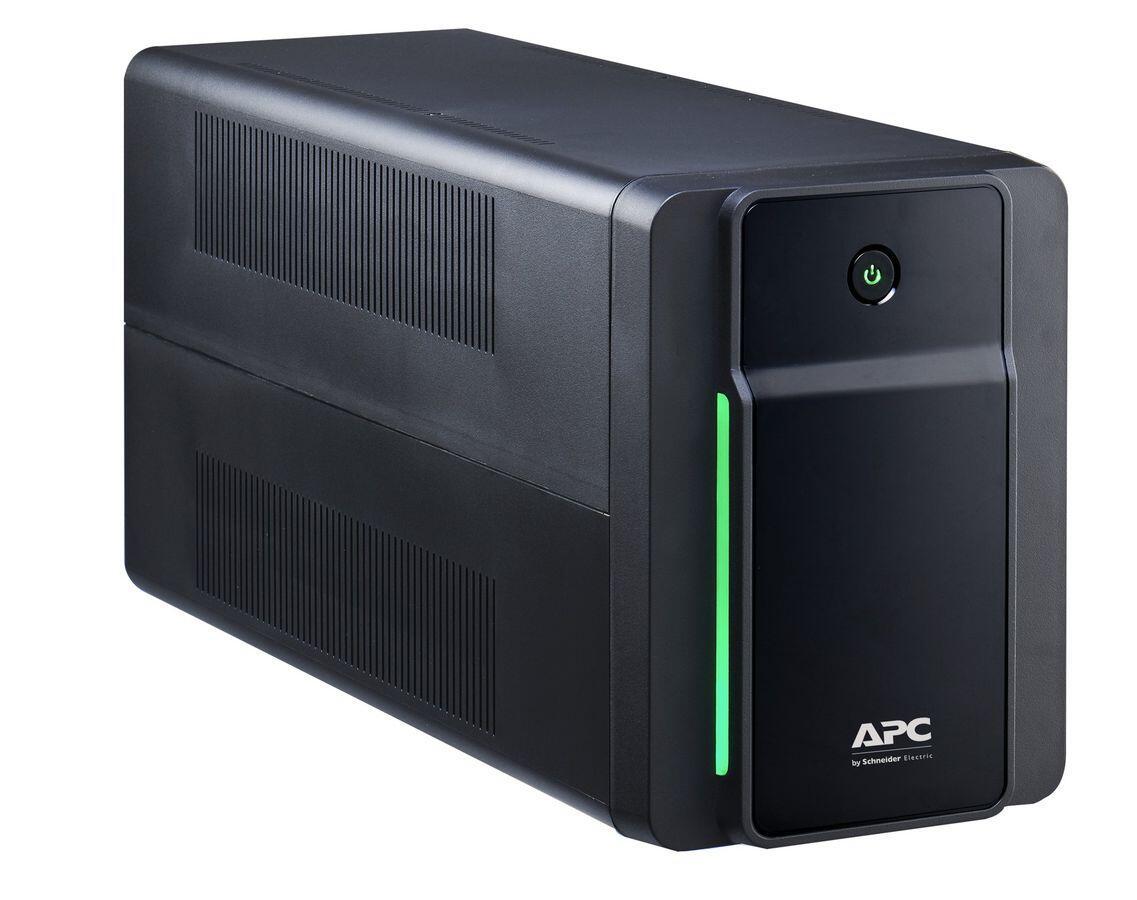 Black tower UPS with a sleek design, featuring a power button with a green indicator light, ventilation slits, and four CEE 7/7 Schuko outlets on the back.