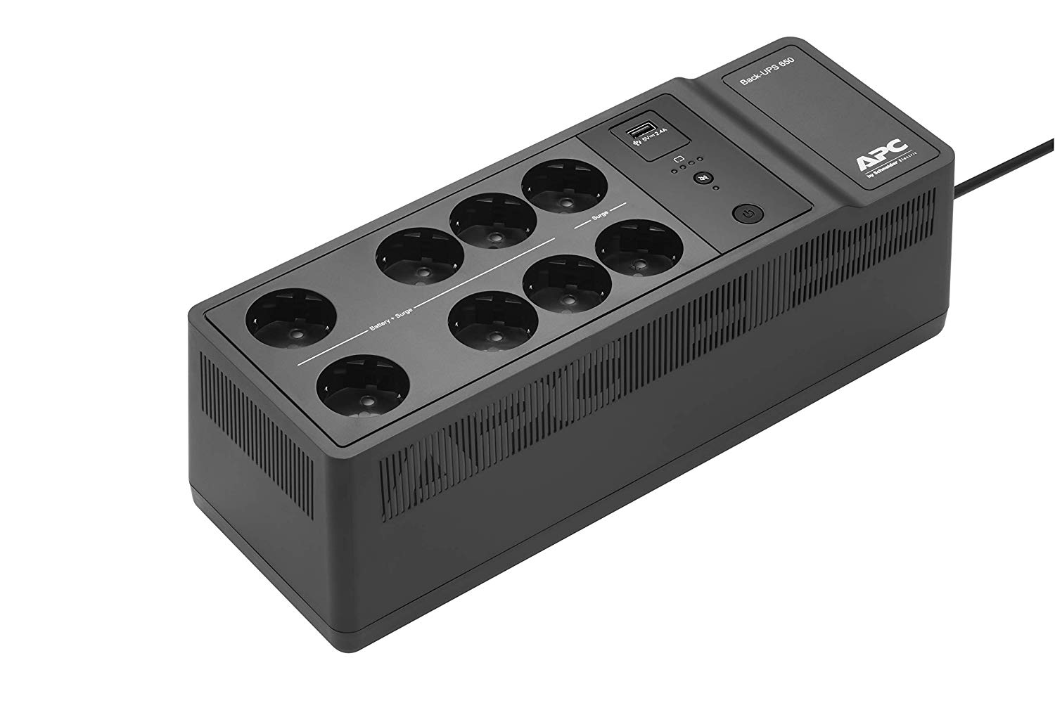 Black APC Back-UPS 650VA with eight power outlets, one USB charging port, and a compact design, featuring a power button and indicator lights on the top.