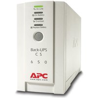 White APC Back-UPS BK650EI, 650VA with 4 C13 outputs, USB port, and status LEDs on the front panel.