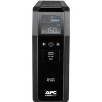 Black APC Back-UPS Pro tower with LCD display, 8 IEC C13 outlets, USB Type A+C ports, and user-replaceable battery.