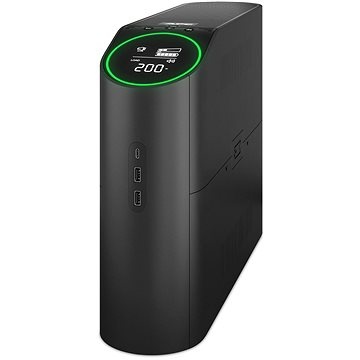Black APC Back-UPS Pro BGM2200B-GR with a sleek design, featuring a digital display, four Schuko outlets, two C13 outlets, and LED indicator lights.