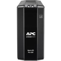 Black APC BR650MI UPS with sleek design, 6 AC outlets, and LED indicators on the front panel.