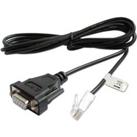 Black APC UPS cable with DB-9 connector to RJ-45 plug, 6 feet long, coiled with labeled tag.