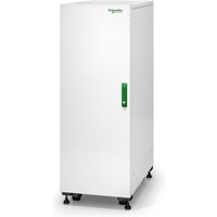 White APC E3SXR6 UPS battery cabinet tower with green handle and Schneider Electric logo on top.