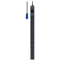 Black APC Easy Rack PDU with 20 C13 and 4 C19 outlets, vertical design, blue IEC60309 2P+E inlet plug.