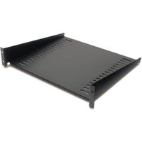 Black APC fixed shelf with vented design, supports up to 50lbs, features side mounting brackets.
