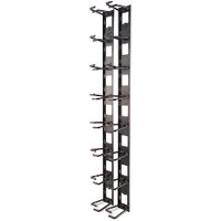 Black APC NetShelter vertical cable manager with multiple cable rings and open frame design.