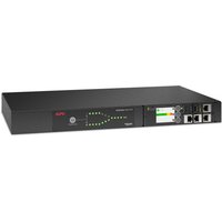 Black APC Netshelter 1U rack transfer switch with LED indicators, 15A, 100/120V input, 10 5-15R outputs, network ports.