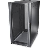 Black APC NetShelter SX server rack enclosure, 24U, with mesh front door and solid side panels.