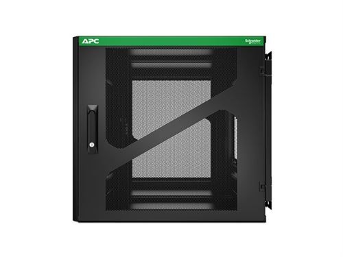 Black 19-inch wall patch cabinet with a mesh front door, featuring a green APC logo, designed for 12U of equipment storage and measuring 800mm in depth.