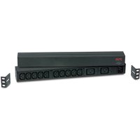 Black APC rack PDU with 12 AC outlets, 1U design, and mounting brackets.