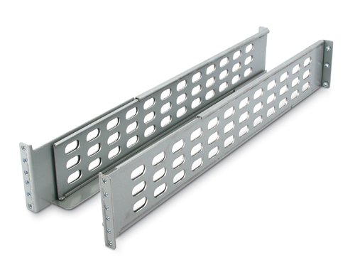 Gray metal 4-post rackmount rails with multiple ventilation holes, designed for mounting equipment securely in a server rack.