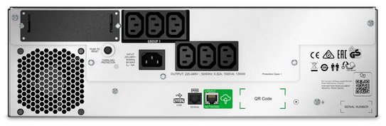 Rear view of the APC Smart-UPS Li-ion SMTL1500RMI3UC, featuring six C13 outlets, a cooling fan, and a green network port, all on a sleek silver metal casing.