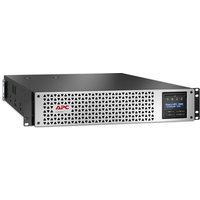 Black APC Smart-UPS with perforated silver front panel, LCD screen, 8xC13 and 1xC19 outlets, rackmount design.