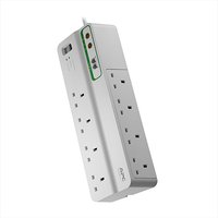 White APC SurgeArrest with 8 AC outlets, 230V rating, 3m cord, and LED indicators on a sleek rectangular design.