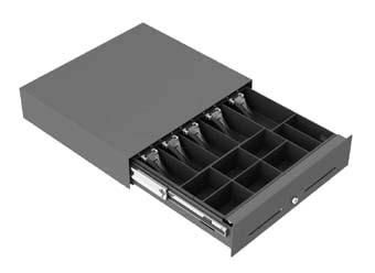 Gray cash drawer with a smooth finish, featuring multiple compartments for coins and bills, and a secure locking mechanism.