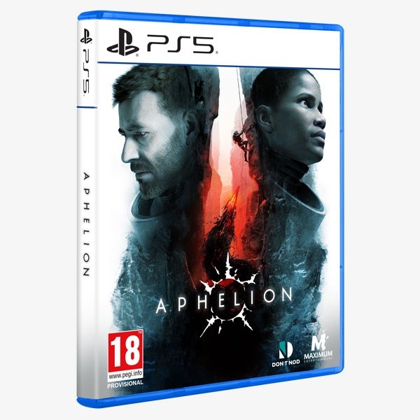 Cover art for "Aphelion: Pioneer Edition" for PS5 features a blue case, with a dramatic image of a man and woman against a fiery background, showcasing the title prominently at the bottom.