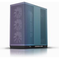 APNX C1 Midi Tower PC case with blue-tinted glass panel, three front fans, and a sleek, minimalist design.