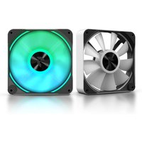 White APNX FP2-120 PWM ARGB computer case fan with glowing multicolor LED and black frame.