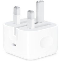 White Apple 20W USB-C power adapter with three-prong UK plug design and compact square shape.