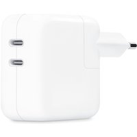 White Apple 35W Dual USB-C Port Power Adapter with compact square design and two side-by-side USB-C ports.
