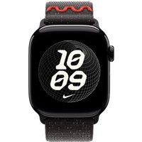 Apple 42mm Midnight Black Nike Sport Loop with red accents, digital watch face displaying time in bold white numbers.