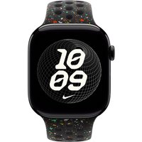 Apple 46mm Midnight Black Nike Sport Band with perforated design, M/L size, attached to a sleek smartwatch face.