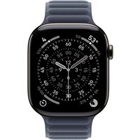 Apple 46mm Navy Magnetic Link watch band, dark blue color, ribbed texture, attached to a sleek smartwatch face.