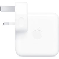 White Apple 70W USB-C Power Adapter with three-prong UK plug and embossed Apple logo on the side.