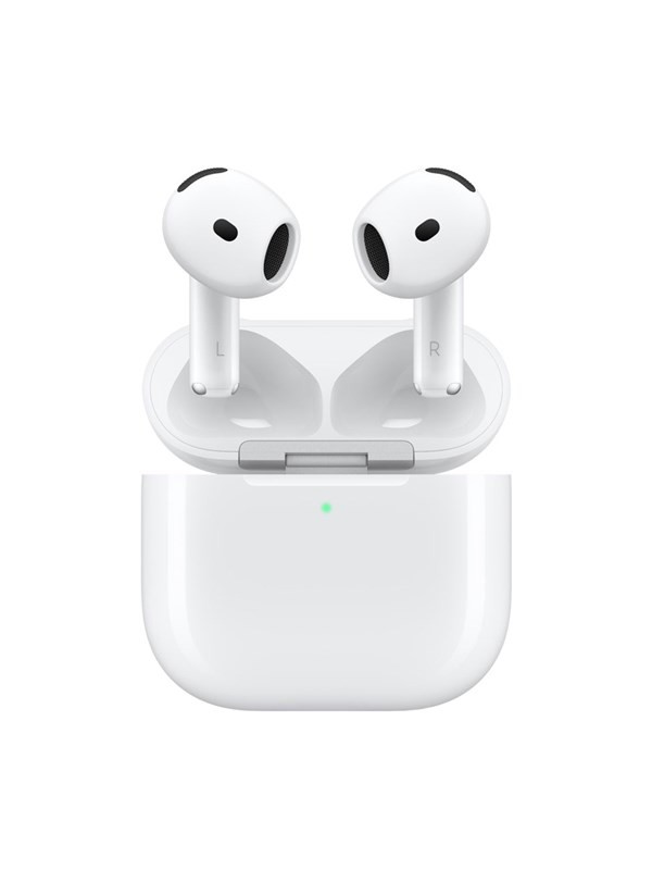 White Apple AirPods (4th Generation) in a charging case, featuring a sleek design, with visible left and right indicators and a small green status light.