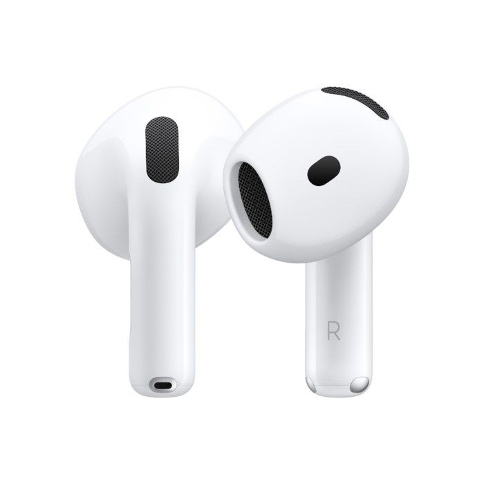 White Apple AirPods (4th Generation) featuring a sleek design, rounded earbud shape, and a mesh speaker grille, with an "R" indicating the right earbud.