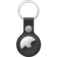 Black Apple AirTag FineWoven Key Ring with circular holder and metallic key ring attachment.