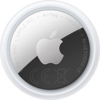 Silver and white Apple AirTag with engraved Apple logo and text around the edge.