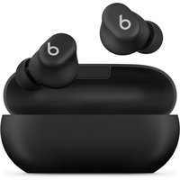 Matt Black Apple Beats Solo Buds, true wireless earbuds with sleek design, in open charging case.