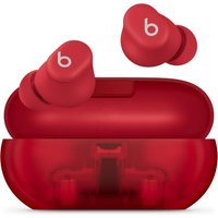 Transparent red Apple Beats Solo Buds, true wireless earbuds with matching charging case, featuring a sleek design.