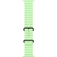 Green fluoroelastomer watch band with black titanium finish connectors and adjustable buckle.
