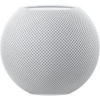 White spherical Apple HomePod mini with mesh exterior and touch-sensitive top.