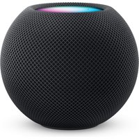 Black spherical Apple HomePod mini with mesh exterior and glowing touch surface on top.