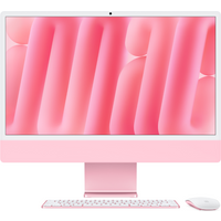 Pink Apple iMac 2024 with 24-inch 4.5K display, slim design, matching keyboard and mouse, all-in-one PC.
