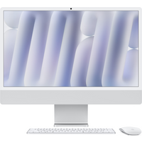 Silver Apple iMac 2024 with 24-inch 4.5K display, sleek all-in-one design, keyboard, and mouse.