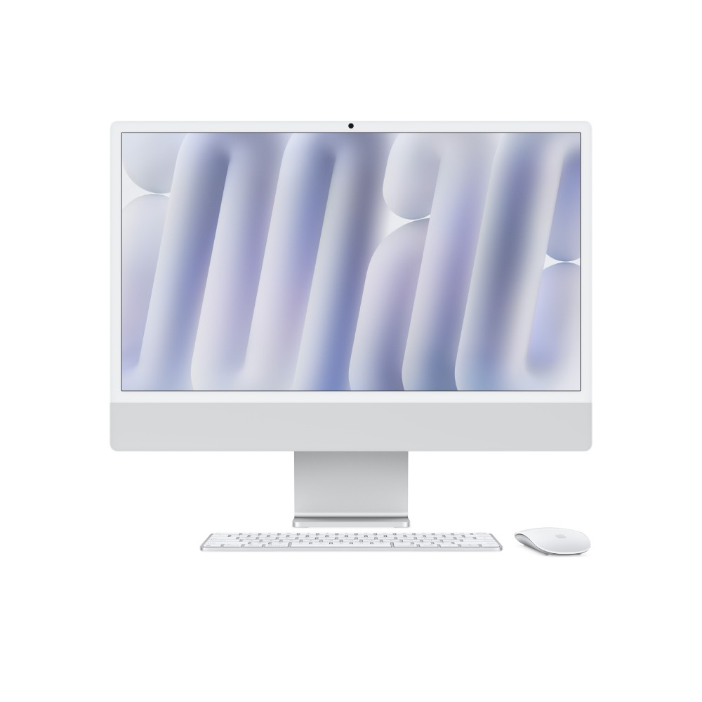 Sleek silver Apple iMac 2024 features a 24-inch 4.5K display, M4 10-core processor, 24GB RAM, and 512GB SSD, accompanied by a matching keyboard and mouse.