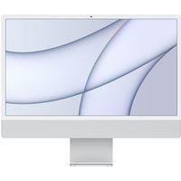 Silver Apple iMac 24in with M1 chip, slim design, and sleek stand, featuring a vibrant display and minimal bezels.