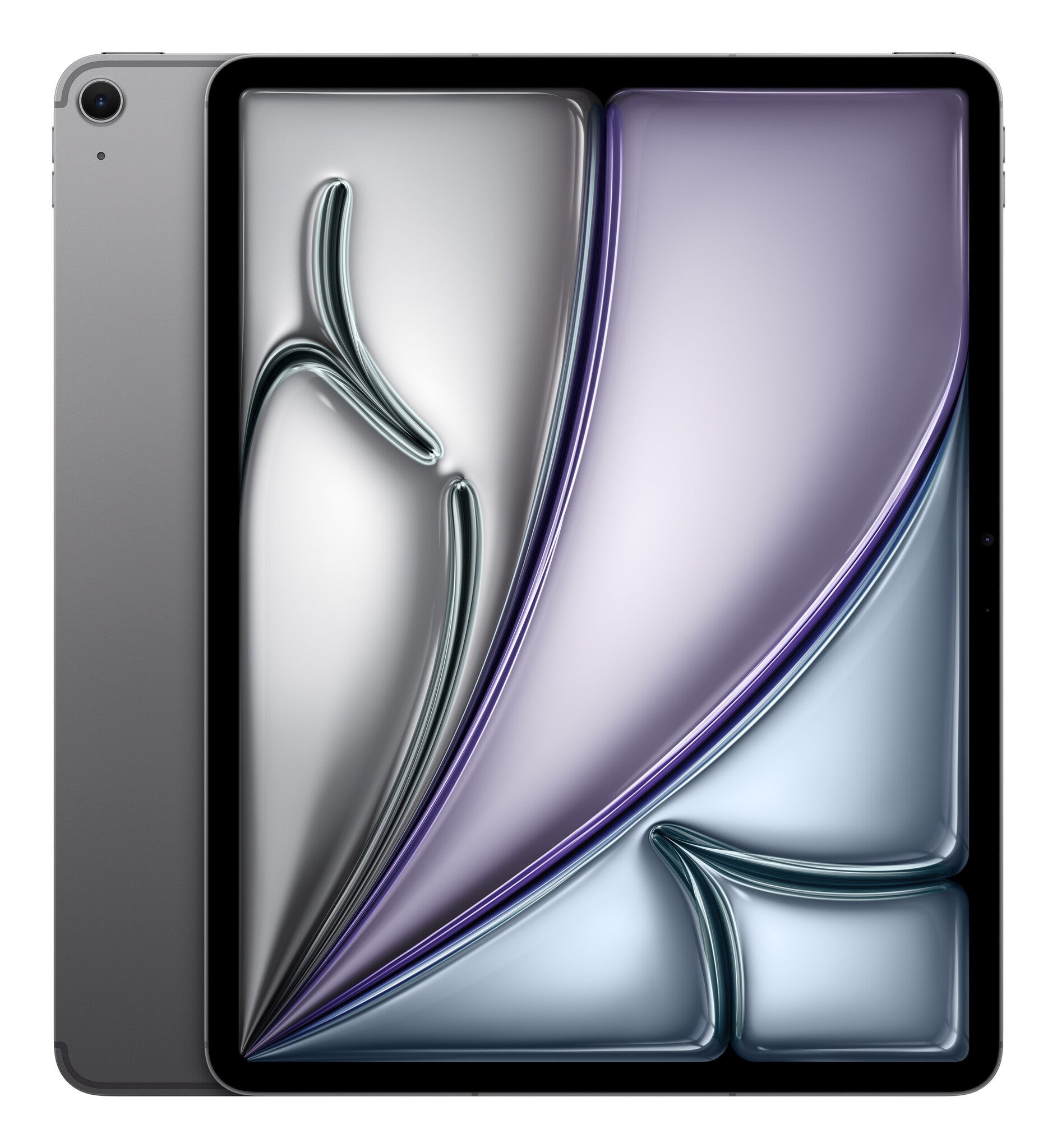 Apple iPad Air 2025 in Space Grey, featuring a sleek design, 13-inch display, and vibrant abstract wallpaper, with a smooth aluminum finish and minimal bezels.