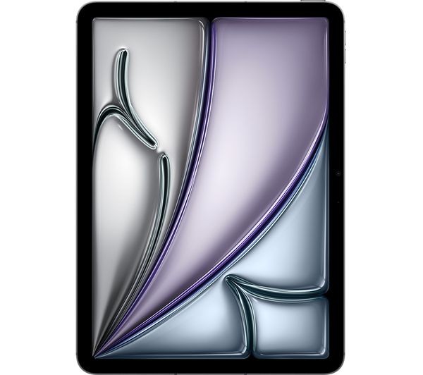 Apple iPad Air 6th Gen in grey with an 11-inch display, featuring a sleek design and a vibrant, abstract wallpaper on the screen.