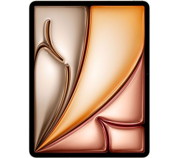 Apple 13" iPad Air (2024) in Starlight color features a sleek design with a smooth glass front, rounded edges, and a vibrant, abstract wallpaper showcasing warm tones.